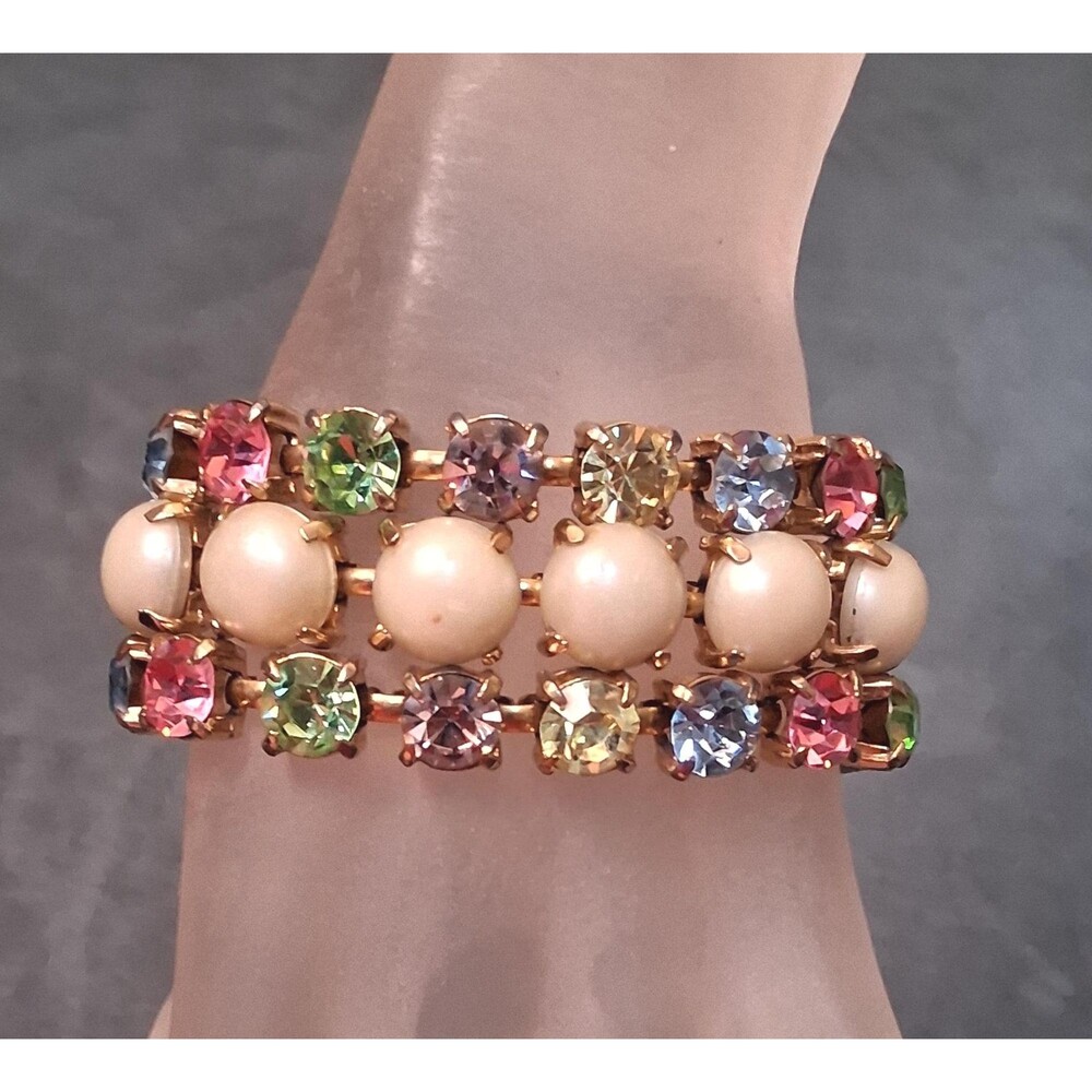 1950s Pastel Rhinestone & Pearl Bracelet Large Stones